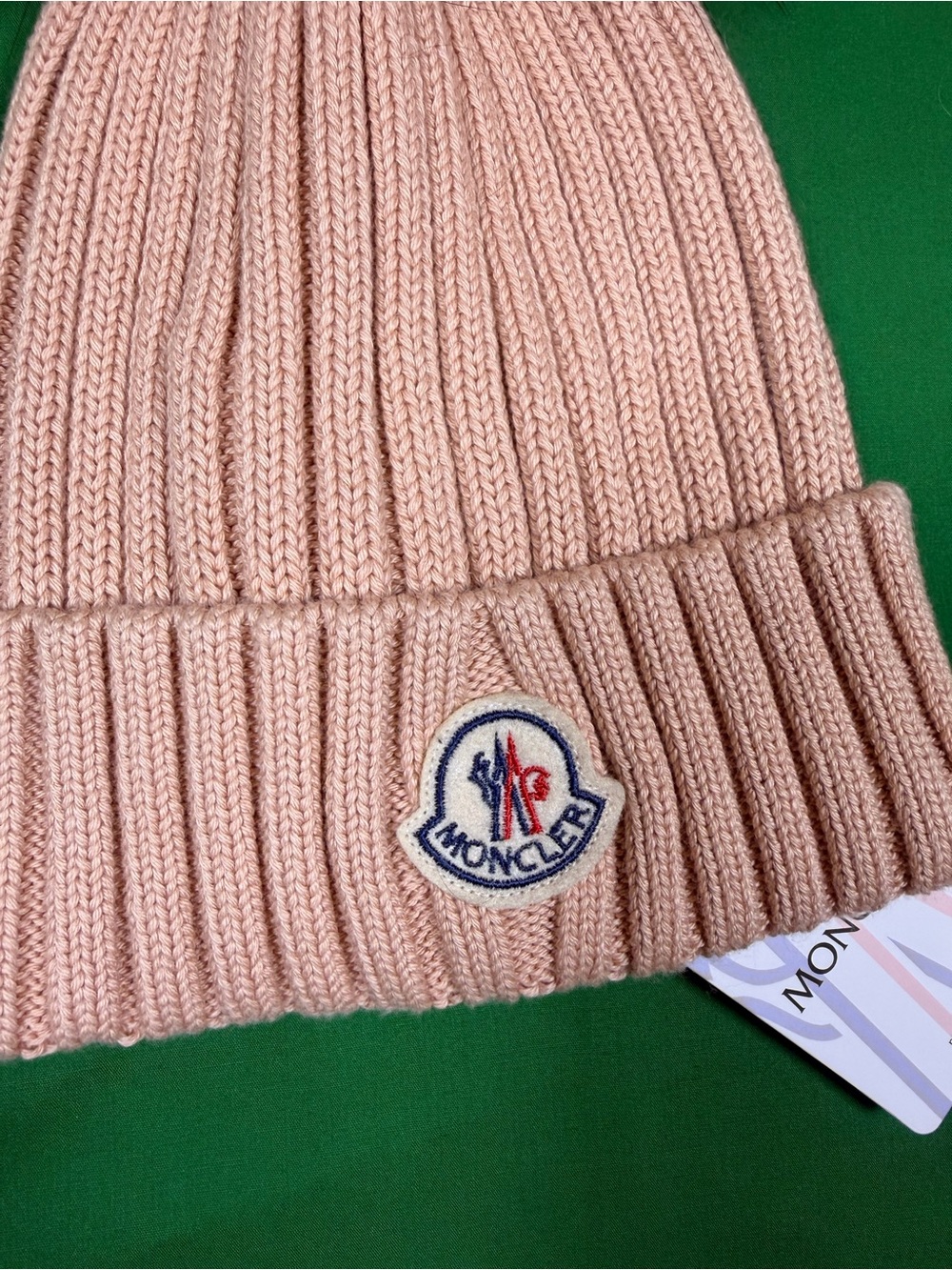 Moncler Women’s Ribbed Knit Peach Color Beanie Hat w/ Pom Pom NWT One Size - Picture 4 of 4